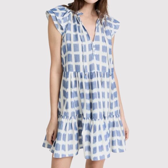 VERONICA BEARD Dress Blue Zee Mini Ikat V Neck Tiered Flutter A Line Boho Size 0 - Picture 1 of 12